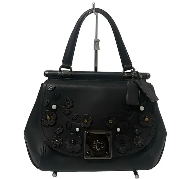 Coach Tea Rose Top Handle Bag Black and Oxblood Leather - Picture 14 of 14